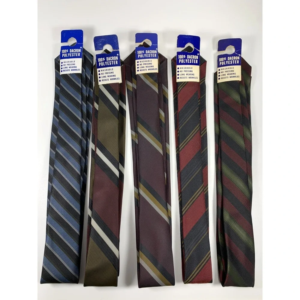 Lot of 5 Vintage NOS Skinny Ties 1960s Mod Madmen DuPont Dacron Polyester w Tags